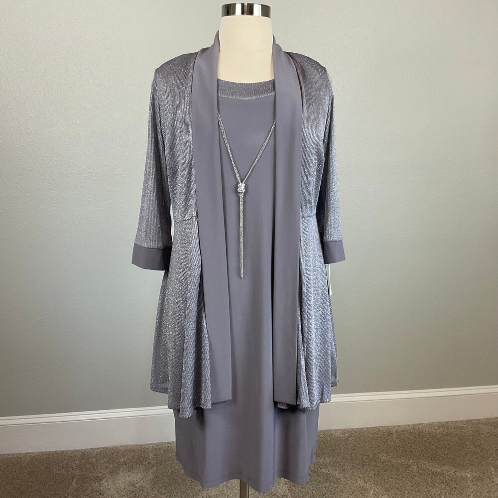 R&M Richards Two-Piece Shift Cocktail Dress and Sparkly Jacket Size 14W Silver - Picture 2 of 14